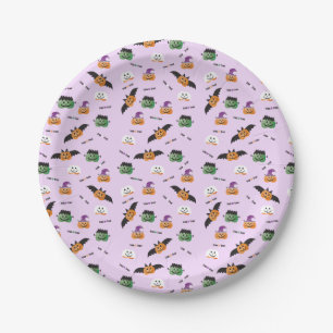 Trick Or Treat Cute Pumpkin Jack O Lanterns Purple Paper Plate