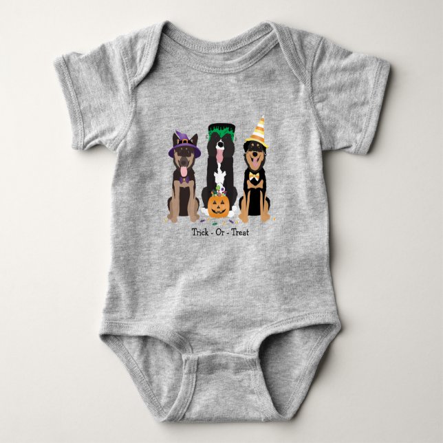 Trick Or Treat Dogs In Halloween Costumes Baby Bodysuit (Front)