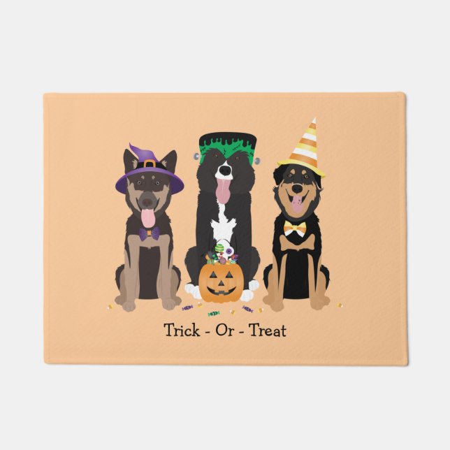 Trick Or Treat Dogs In Halloween Costumes Doormat (Front)