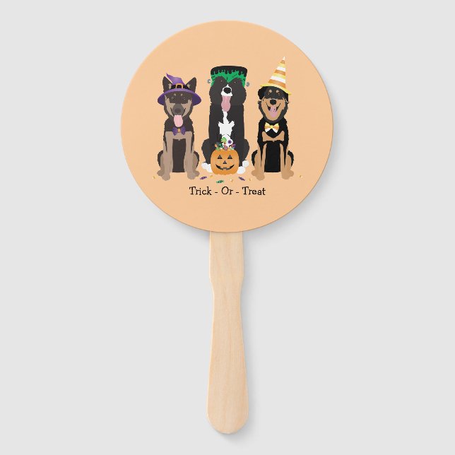 Trick Or Treat Dogs In Halloween Costumes Hand Fan (Front)