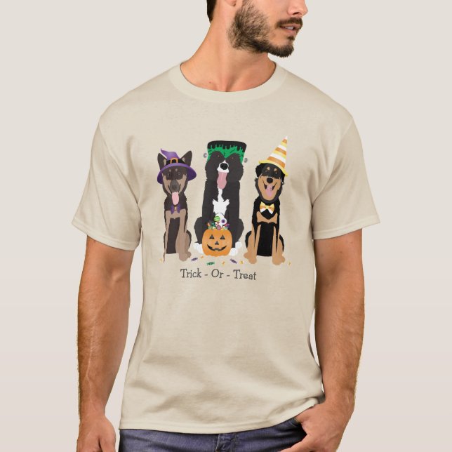 Trick Or Treat Dogs In Halloween Costumes T-Shirt (Front)