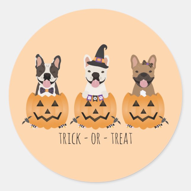 Trick Or Treat French Bulldogs Pumpkin Classic Round Sticker (Front)