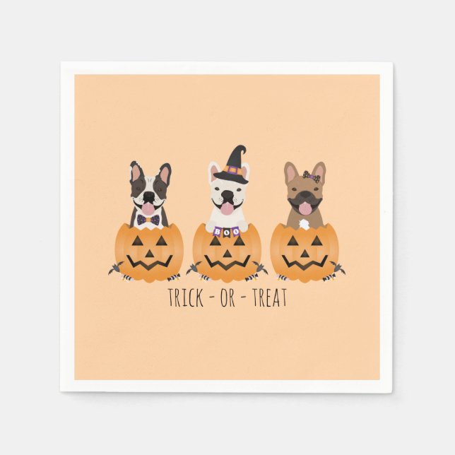 Trick Or Treat French Bulldogs Pumpkin Napkin (Front)