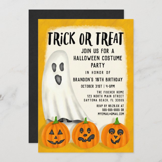 Trick or Treat Ghost Halloween Costume Birthday Invitation (Front/Back)