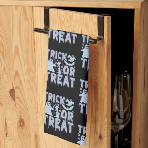Trick or Treat Ghosts Cute Black Halloween Tea Towel