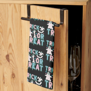 Trick or Treat Ghosts Cute Black Halloween Tea Towel