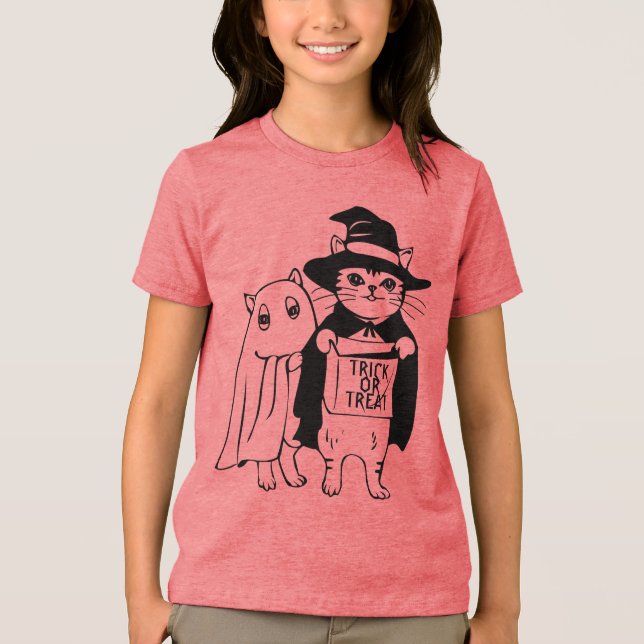 Trick or Treat Halloween Cat Witch Ghost Tri-Blend Shirt (Front)