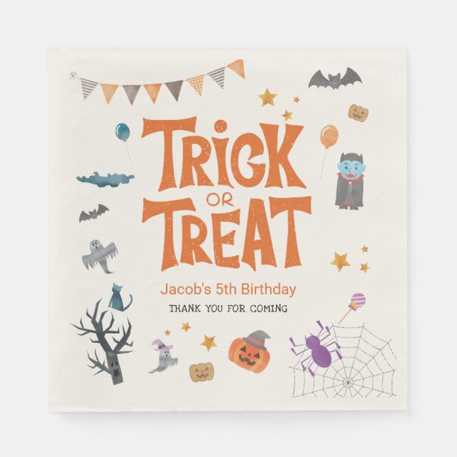 Trick or Treat Halloween Creatures Birthday Party Napkin (Front)