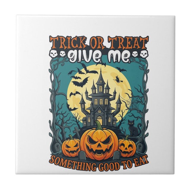 Trick Or Treat Halloween Haunted House Pumpkins Mo Tile (Front)