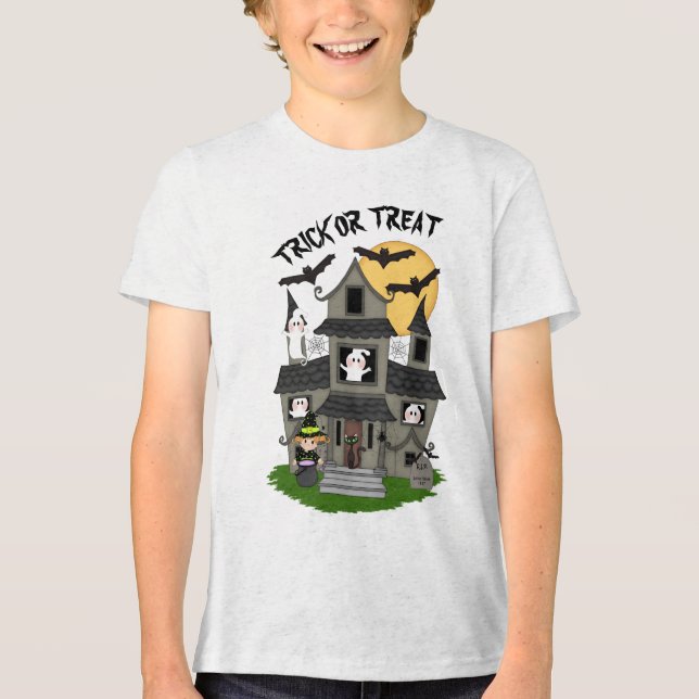 Trick or treat Halloween haunted house with witch Tri-Blend Shirt (Front)