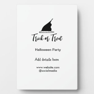Trick or treat Halloween party black hat details w Plaque