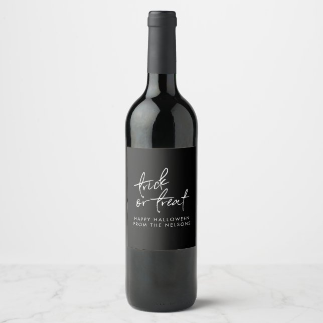 Trick or Treat Halloween Party Favour Black Script Wine Label (Front)