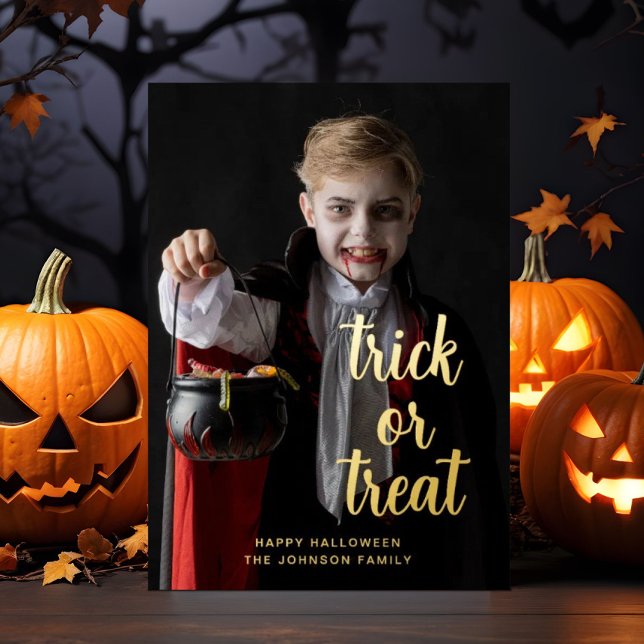 Trick Or Treat Halloween Photo Gold (Trick Or Treat Halloween Photo Gold Foil Holiday Card)