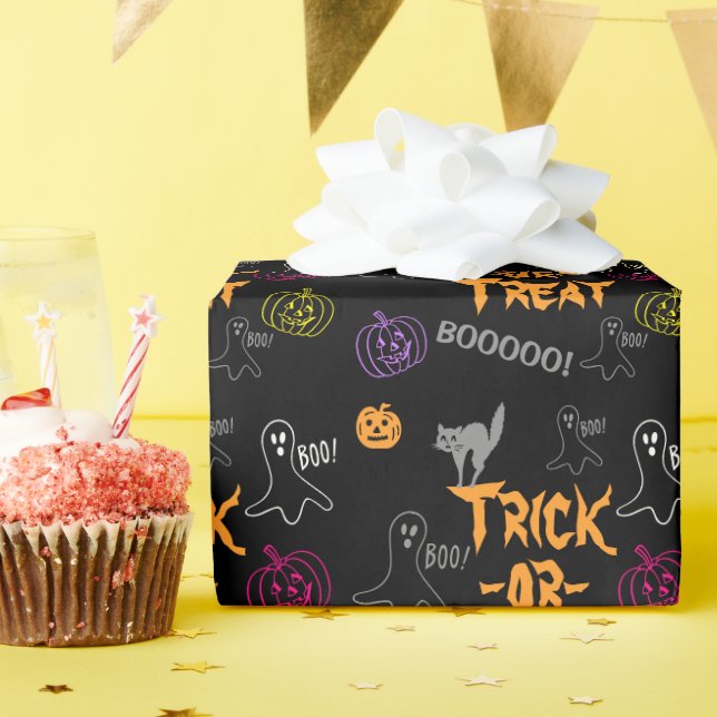 Trick-or-Treat Halloween Pumpkin Ghost Cat Wrapping Paper (Birthday Party)