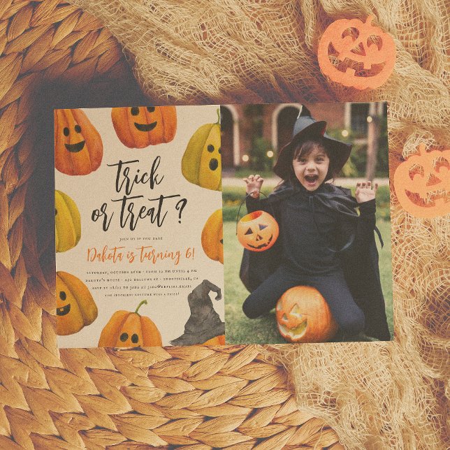 Trick or Treat Halloween Pumpkin Photo Birthday Invitation (Creator Uploaded)