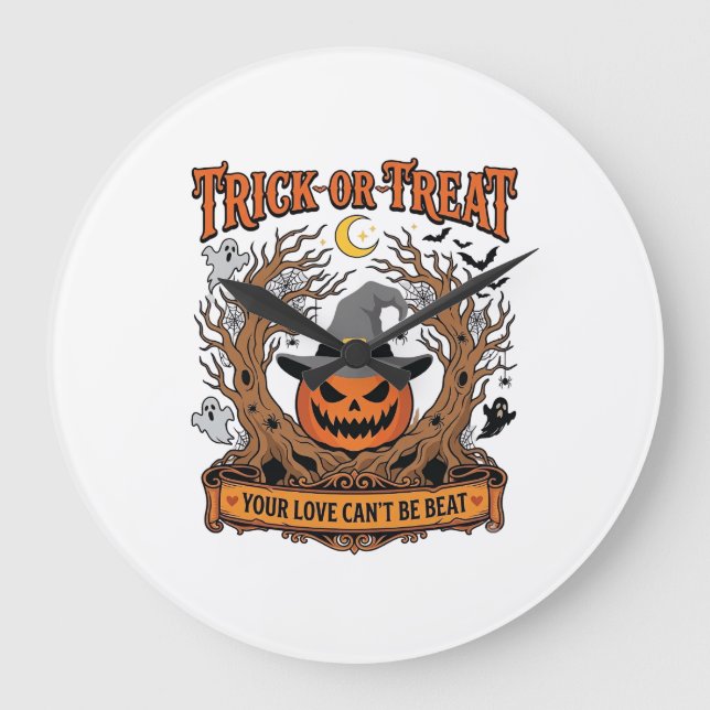 Trick Or Treat Halloween Pumpkin Witch Hat Spooky  Large Clock (Front)