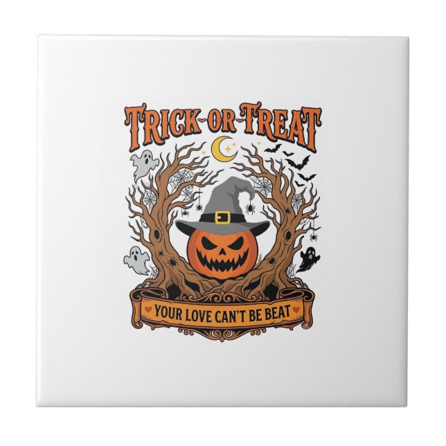 Trick Or Treat Halloween Pumpkin Witch Hat Spooky  Tile (Front)