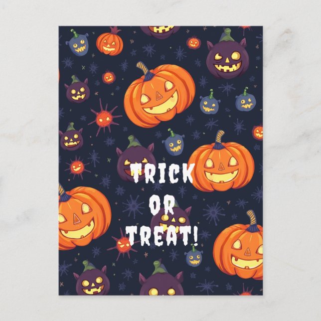 Trick or treat! Halloween smile pumpkins postcard (Front)