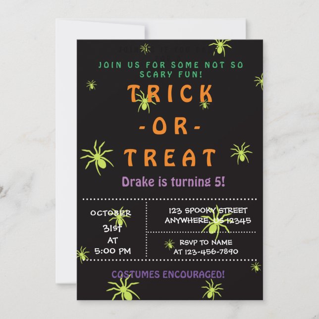 Trick or Treat, Halloween Spiders, Spooky  Invitation (Front)