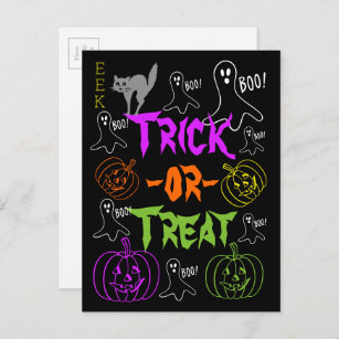 Trick-or-Treat Halloween Theme Pumpkin Ghost Cat Postcard