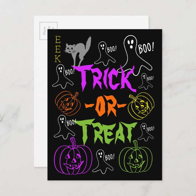 Trick-or-Treat Halloween Theme Pumpkin Ghost Cat Postcard (Front/Back)