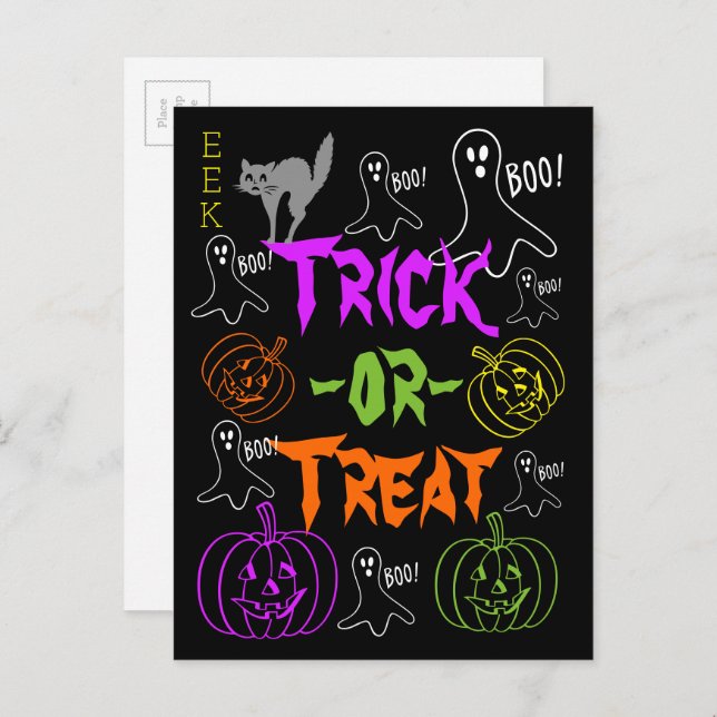 Trick-or-Treat Halloween Theme Pumpkin Ghost Cat Postcard (Front/Back)