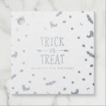 Trick or Treat Halloween Themed silver foil Favour Tags<br><div class="desc">Celebrate a Halloween themed party or birthday with these cute, simple Trick or Treat party favour tags! Front side is silver foil with back In purple, orange, green and black. Halloween themed confetti including bats, ghosts, witches' boots and candy corn. Easy to edit for your own Halloween themed Birthday party!...</div>