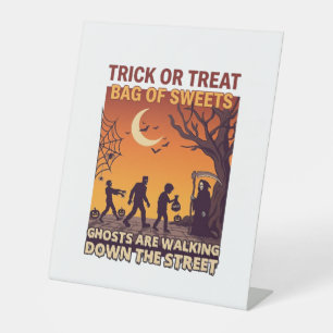 Trick Or Treat Halloween Zombies Grim Reaper Pumpk Pedestal Sign