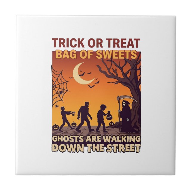 Trick Or Treat Halloween Zombies Grim Reaper Pumpk Tile (Front)