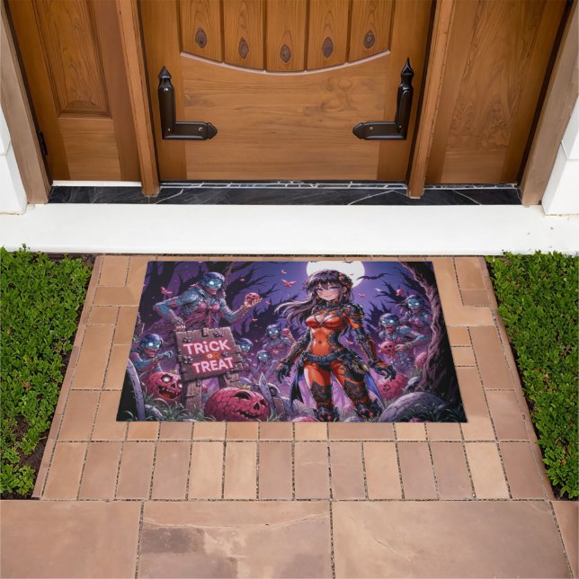 Trick or Treat Halloween Zombies Handing out Brain Doormat (Outdoor)