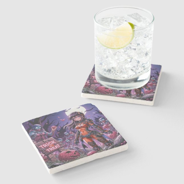 Trick or Treat Halloween Zombies Handing out Brain Stone Coaster (Side)