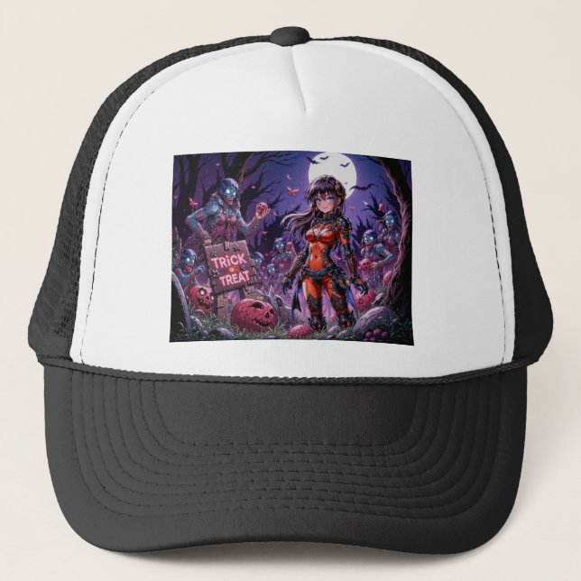Trick or Treat Halloween Zombies Handing out Brain Trucker Hat (Front)