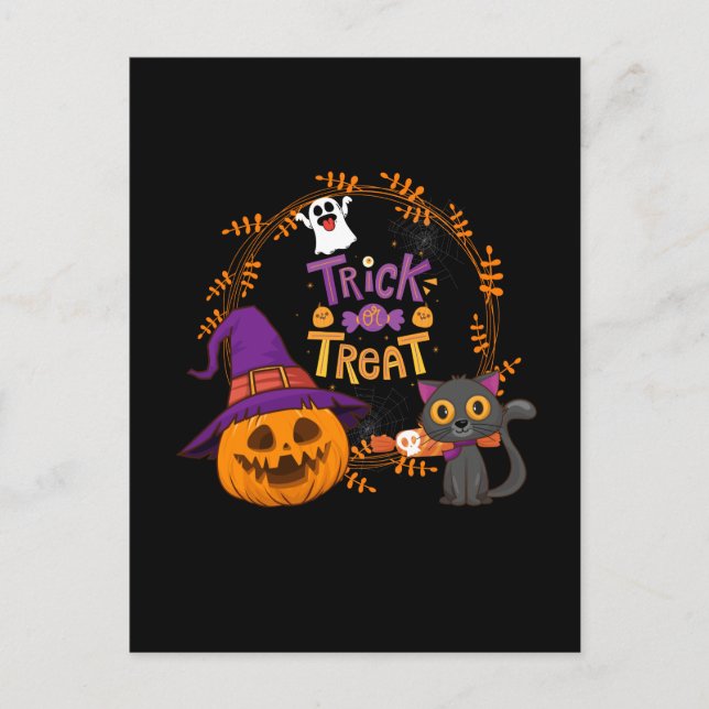 Trick or Treat, Happy Halloween, Funny Pumpkin Cat Postcard (Front)