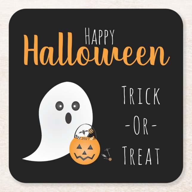 Trick Or Treat Happy Halloween Ghost Spooky Square Paper Coaster (Front)