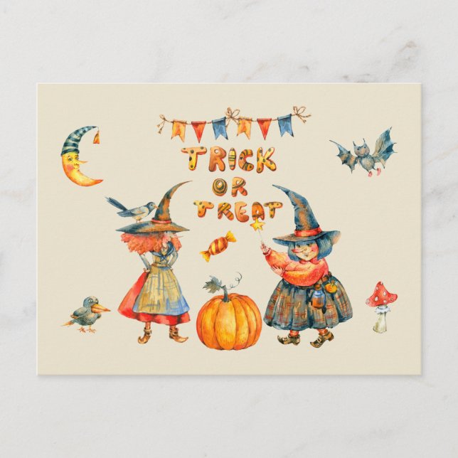 Trick or Treat Happy Halloween Watercolor Witches  Postcard (Front)