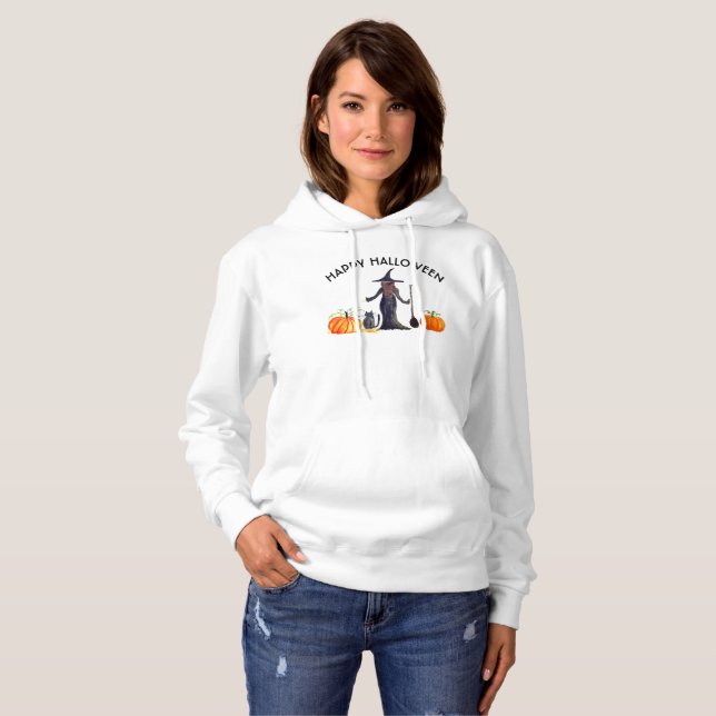 Trick or Treat Happy Halloween Witch Cat Pumpkin Hoodie (Front Full)