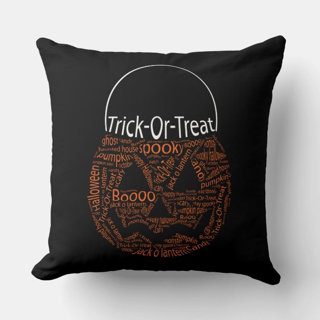 Trick Or Treat Jack O Lantern Typography Black Cushion (Front)