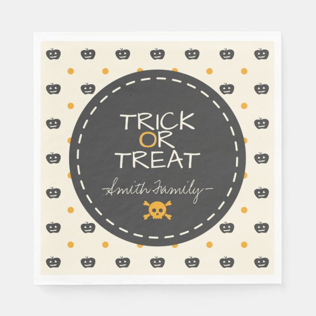 Trick Or Treat. Jack O Lantern White Polka Dots Napkin (Front)