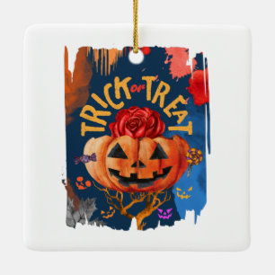 Trick or Treat – Jack-o'-Lantern with Red Rose (1) Ceramic Ornament