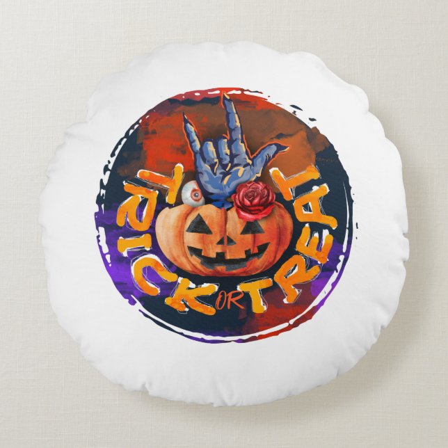 Trick or Treat – Jack-o'-Lantern with Red Rose (2) Round Cushion (Front)