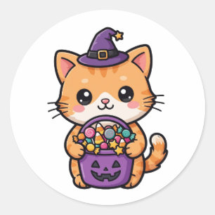 Trick or Treat Kitten Halloween Round Sticker