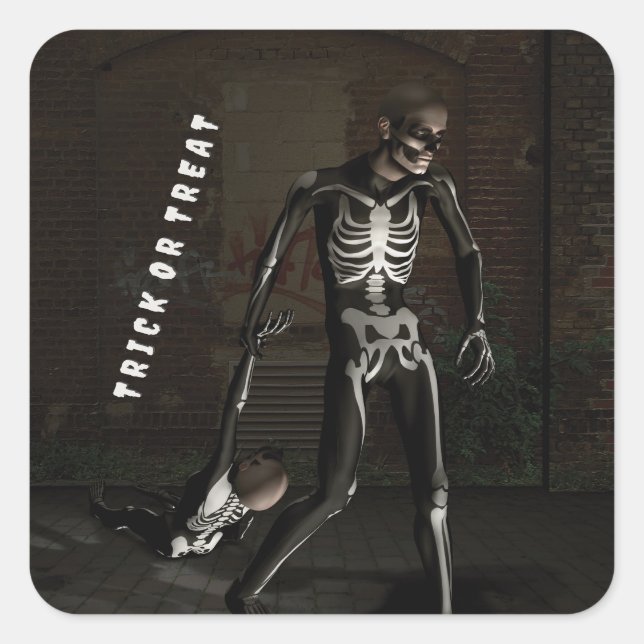Trick or Treat. Man dressed as skeleton Square Sticker (Front)
