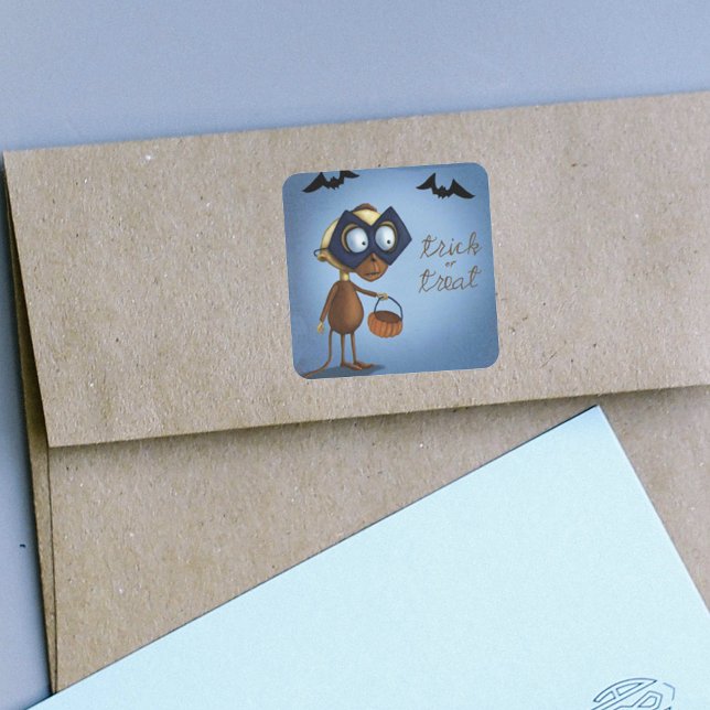 Trick or Treat Masked Monkey Bats Square Sticker (Cute Trick or Treat Monkey in mask with bats on blue Halloween stickers.)