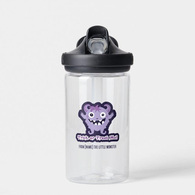 Trick or Treat Me! – Cute Purple Horned Monster Water Bottle (Front)
