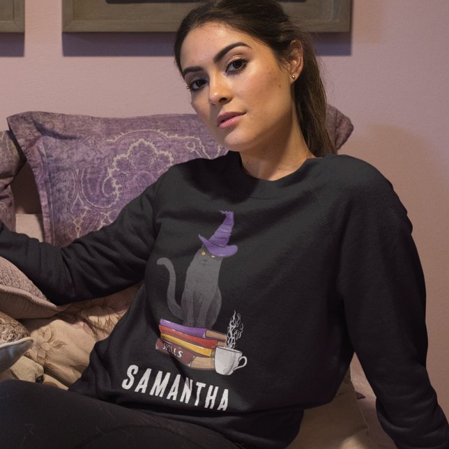 Trick or Treat Modern Black Cat Womens Halloween Sweatshirt (Halloween Black Cat Womens Black Sweatshirt)