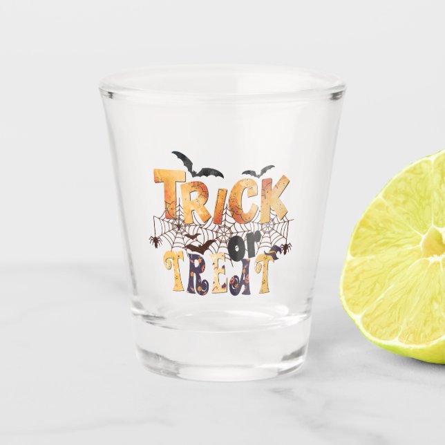Trick or Treat Modern Orange Script Custom  Shot Glass (Front)