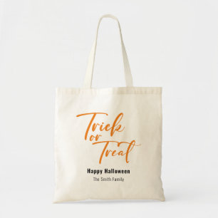 Trick or Treat Modern Script Custom Halloween Name Tote Bag
