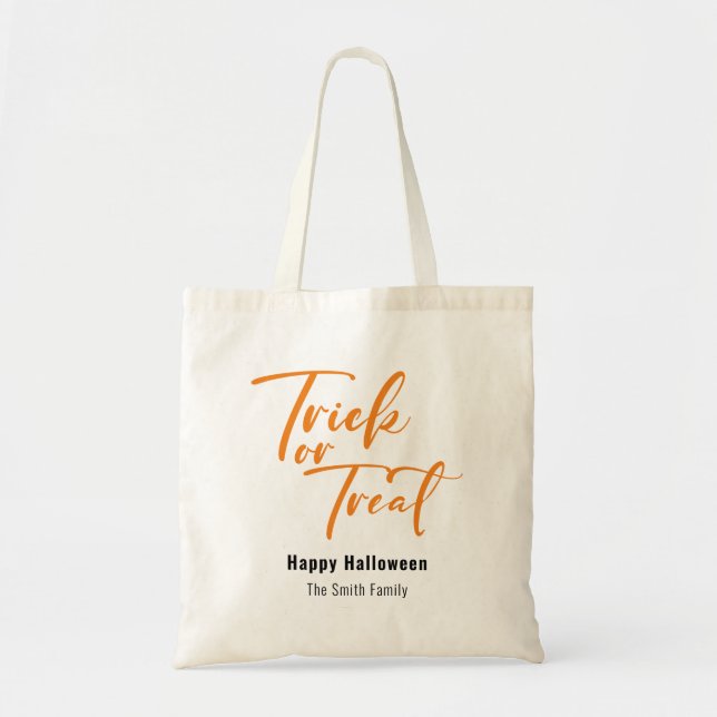 Trick or Treat Modern Script Custom Halloween Name Tote Bag (Front)