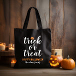Trick or Treat Modern Script Custom Halloween Tote Bag<br><div class="desc">These scary cute Halloween tote / candy bags feature "Trick or Treat" in modern white script with an orange jack o'lantern pumpkin accent and black background colour.</div>