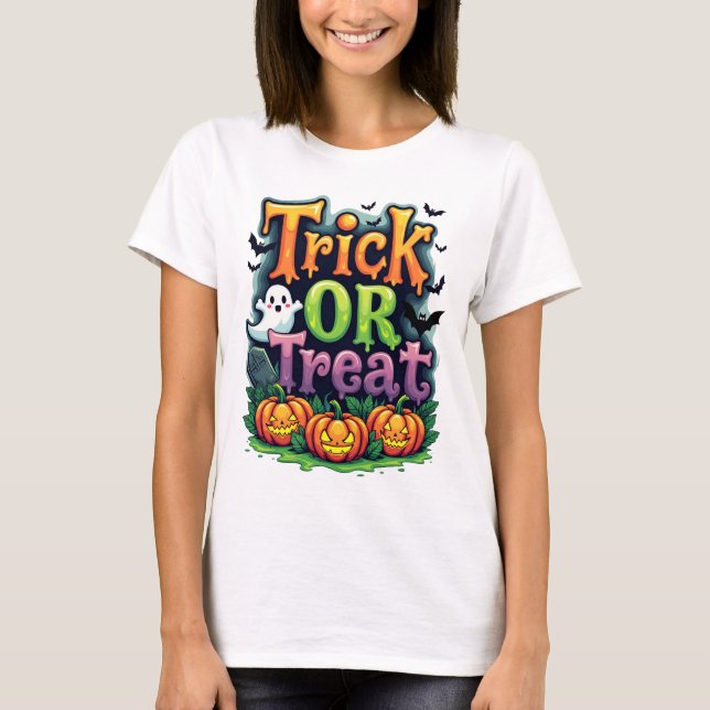 Trick or Treat Modern Script Womens Halloween T-Shirt (Front)